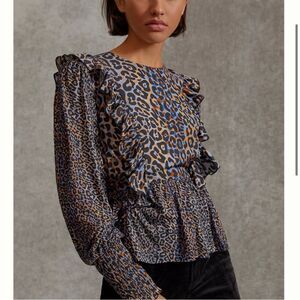 Anthropologie Leopard Print Ruffle Blouse - Blue and Brown